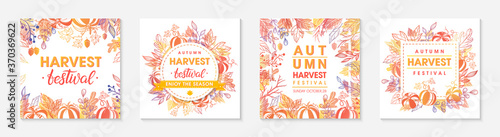 Autumn seasonals postes with leaves and floral elements in fall colors.Greetings and harvest fest posters perfect for prints,flyers,banners,invitations.Trendy fall designs.Vector autumn illustrations