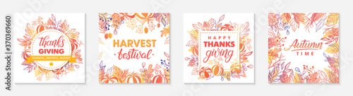 Autumn seasonals postes with leaves and floral elements in fall colors.Thanksgiving greetings and harvest fest posters perfect for prints,flyers,banners,invitations.Vector autumn illustrations