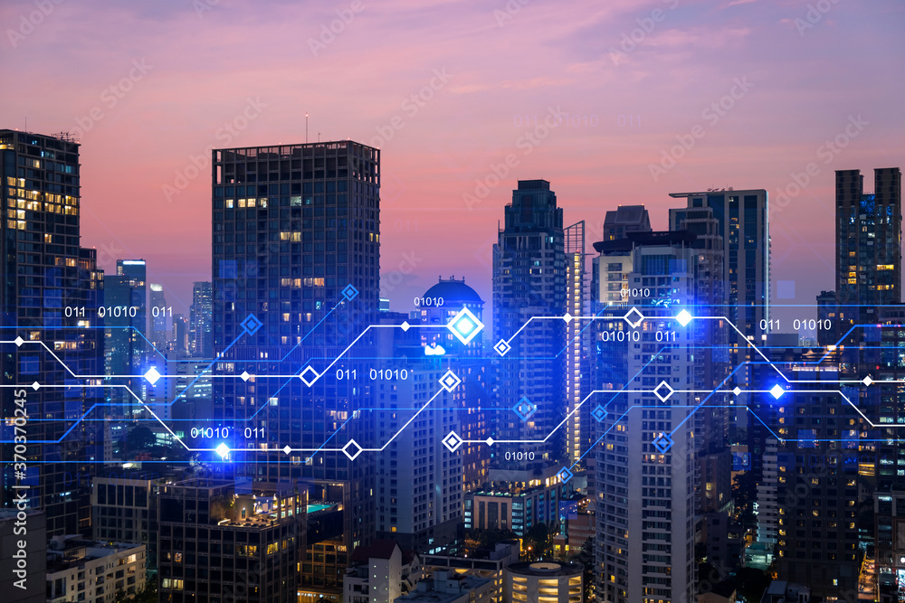 Obraz premium Glowing hologram of technological process, aerial panoramic cityscape of Bangkok at sunset. The largest innovative hub of tech services in Asia. Multi exposure.