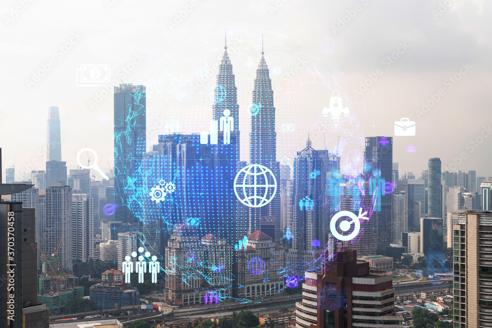 Fototapeta premium Social media icons hologram over panorama city view of Kuala Lumpur, Malaysia, Asia. The concept of people networking and connections. Double exposure.