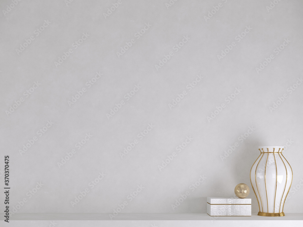 White vase, box on shelf, table with white wall background