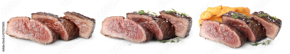 Set with delicious grilled meat on white background, banner design