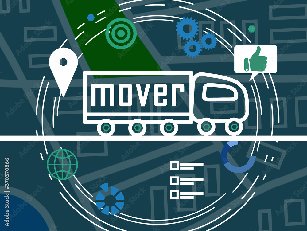 Naklejka premium Movers service. Illustration of truck, map and different icons