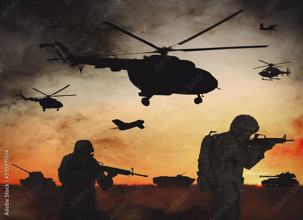 Troops on battlefield at sunset. Military service Troops on battlefield at sunset. Military service