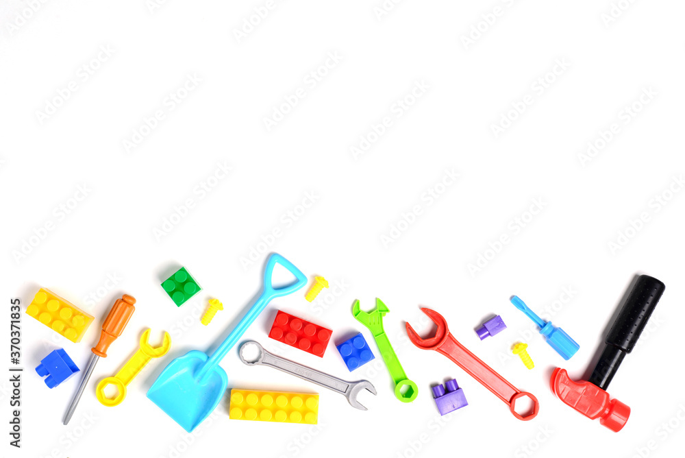 frame made of music accessories for children on white background. top view. copy space. frame made of music accessories for children on white background. top view. copy space.