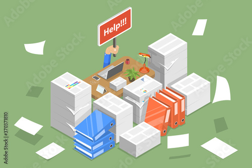 3D Isometric Flat Vector Conceptual Illustration of Stressed Businessman, Overworked and Tired Office Worker, Exhausted Paper Work, Project Deadline. photo
