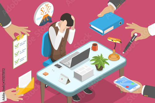3D Isometric Flat Vector Conceptual Illustration of Exhausted and Stressed Office Woker, Overworked and Tired Businessman, Bored Paper Work, Project Deadline.