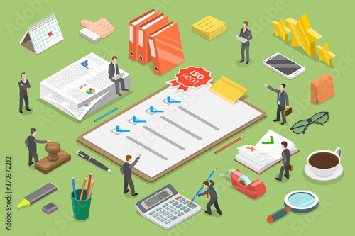 3D Isometric Flat Vector Conceptual Illustration of Quality Management System, ISO 9001 Standard for Quality Control, International Certification.