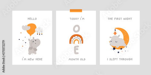 Baby shower print collection. Milestone cards set for newborn. Nursery card or poster with little hippo, moon and rainbow. Ideal for kids room decoration, clothing, prints, anniversary