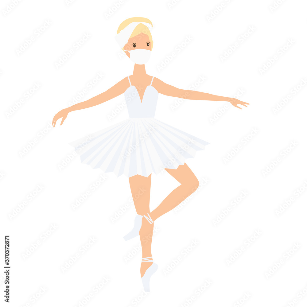 Ballerina and coronavirus, in white medical face mask. Sport exercise, ballet pose. Vector isolated painting art Ballerina and coronavirus, in white medical face mask. Sport exercise, ballet pose. Vector isolated painting art