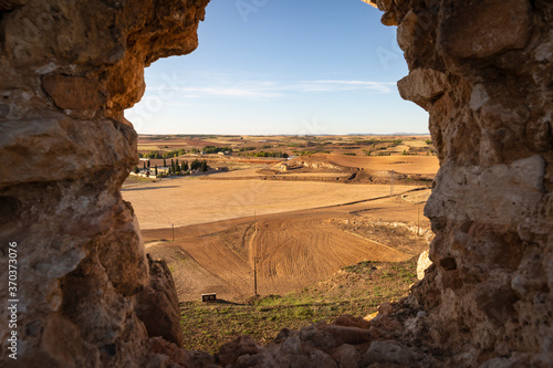 a view from the castle of agricultural plowed fields next to San Esteban de Gormaz  province of Soria  Castile and Leon  Spain