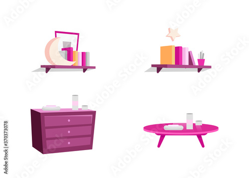 Female room furniture flat color vector objects set