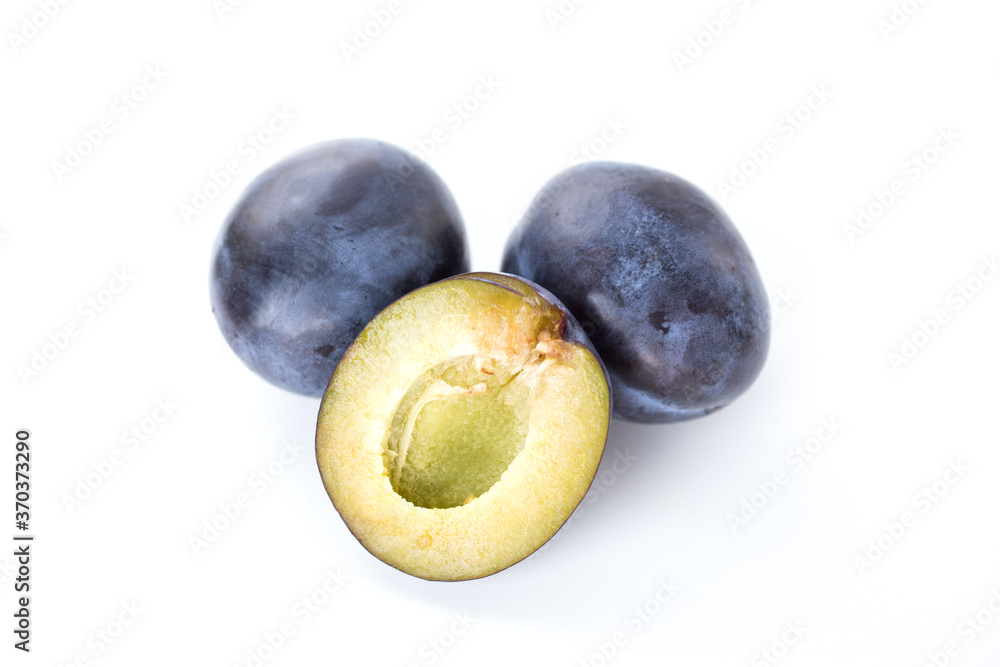 Isolated plums, blue plum fruit isolated on white background Isolated plums, blue plum fruit isolated on white background