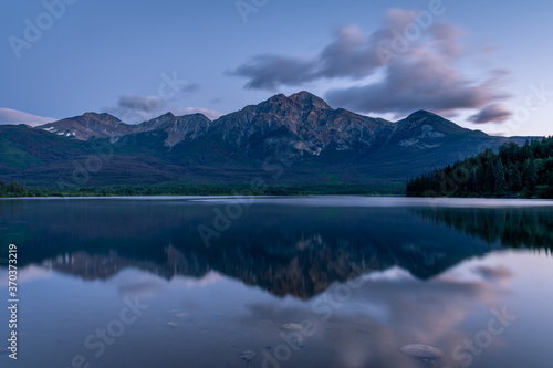 View of Pyramid Lake in Jasper National Park at sunrise.  © Jeff Whyte