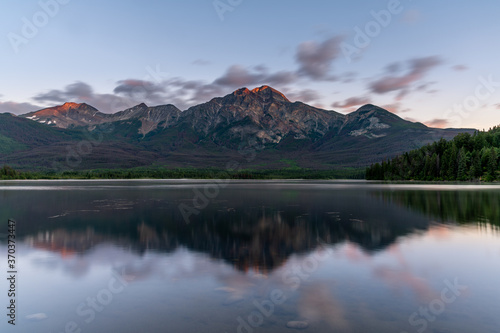 View of Pyramid Lake in Jasper National Park at sunrise.  © Jeff Whyte
