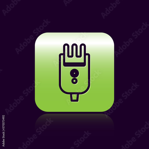 Black line Electrical hair clipper or shaver icon isolated on black background. Barbershop symbol. Green square button. Vector Illustration.
