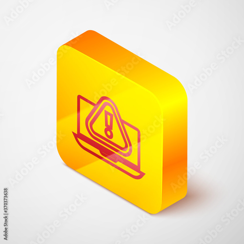 Isometric line Laptop with exclamation mark icon isolated on grey background. Alert message smartphone notification. Yellow square button. Vector Illustration.