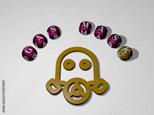 3D graphical image of gas mask vertically along with text built around the icon by metallic cubic letters from the top perspective, excellent for the concept presentation and slideshows. photo