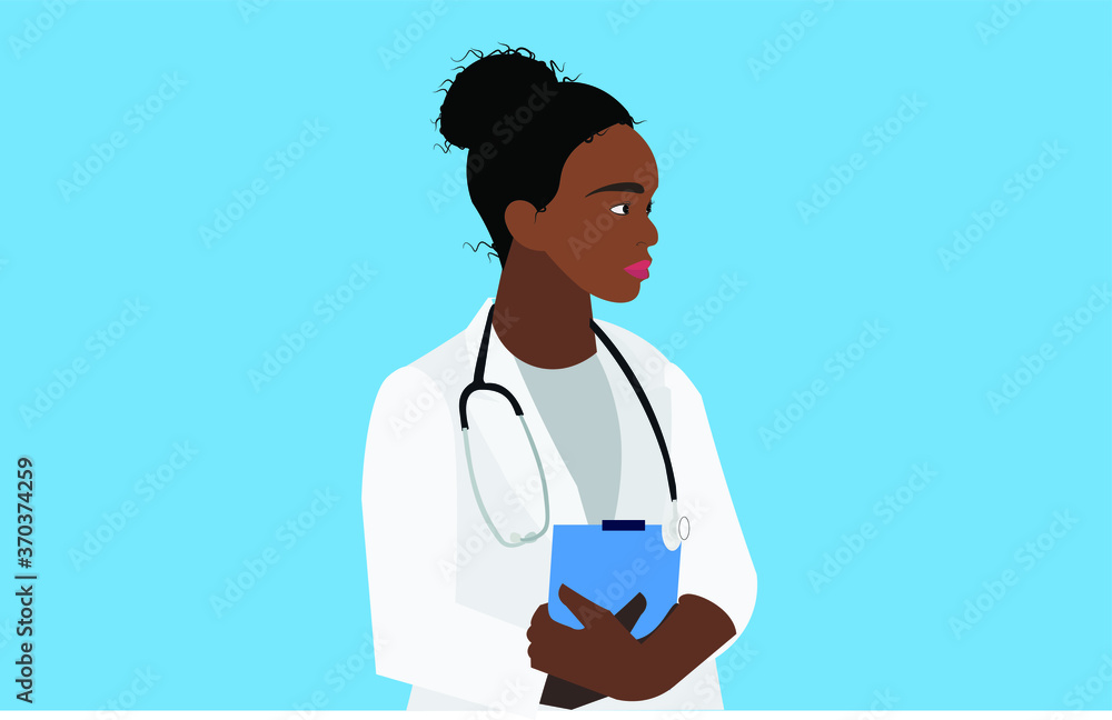 African female doctor in white uniform holding patient data file and stethoscope isolated in blue background. Professional African female doctor in white uniform holding patient data file and stethoscope isolated in blue background. Professional