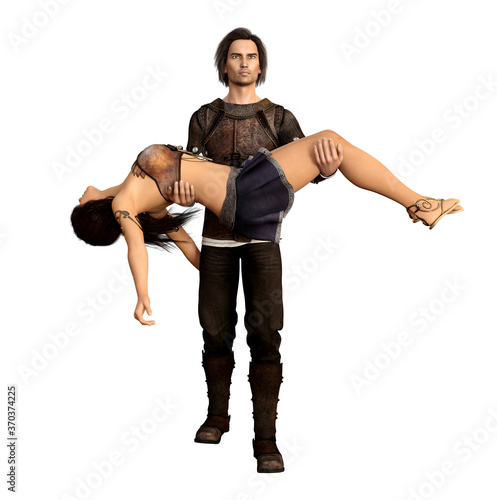 Historical couple, man carries an unconscious woman in his hands. Isolated on white. 3D rendering.