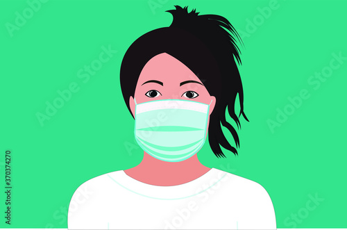 vector young woman wear protective mask white t-shirt isolated in green background, aware of protect from spreading virus coronavirus 2019.