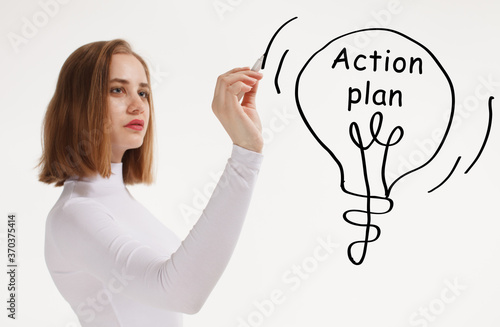 Business, technology, internet and network concept. Young businessman thinks over the steps for successful growth: Action plan