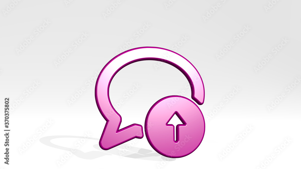 MESSAGES BUBBLE UPLOAD ALTERNATE stand with shadow. 3D illustration of metallic sculpture over a white background with mild texture. concept and communication MESSAGES BUBBLE UPLOAD ALTERNATE stand with shadow. 3D illustration of metallic sculpture over a white background with mild texture. concept and communication