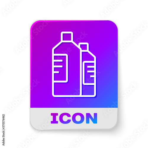 White line Plastic bottles for laundry detergent, bleach, dishwashing liquid or another cleaning agent icon isolated on white background. Rectangle color button. Vector Illustration.