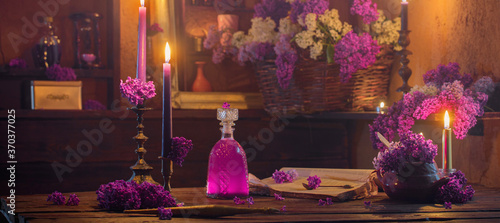 magic potion of lilac flowers in the witch's house