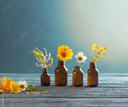 medicinal plants and brown bottles on blue background