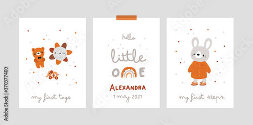 Baby shower print collection. Milestone cards set for newborn. Childish card or poster with little bunny, baby toys and rainbow. Ideal for kids room decoration, clothing, prints, anniversary