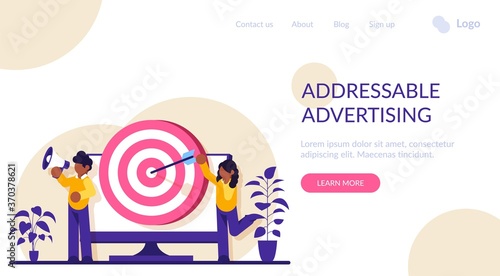 Addressable Advertising concept. Male and female marketers advertise a product or service. Arrow-struck target on the monitor screen. Modern flat illustration.