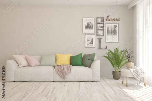 White living room with sofa. Scandinavian interior design. 3D illustration