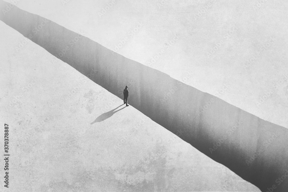 illustration of man walking on the edge, limit concept - obrazy, fototapety, plakaty 