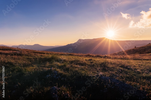 Alpine meadow against the background of the setting radiant sun