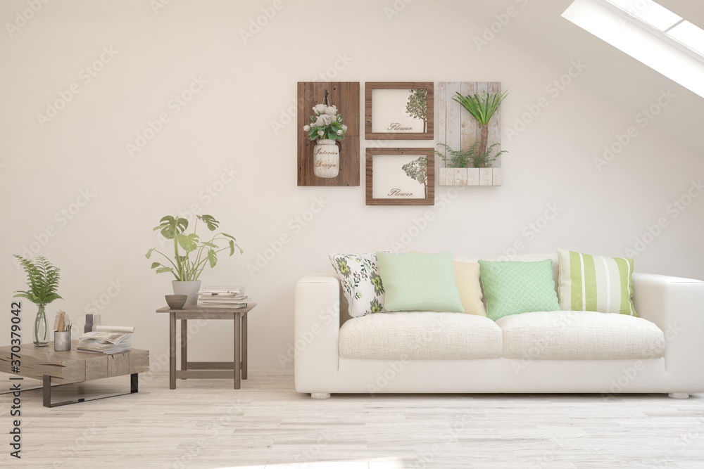 Fototapeta premium White living room with sofa. Scandinavian interior design. 3D illustration