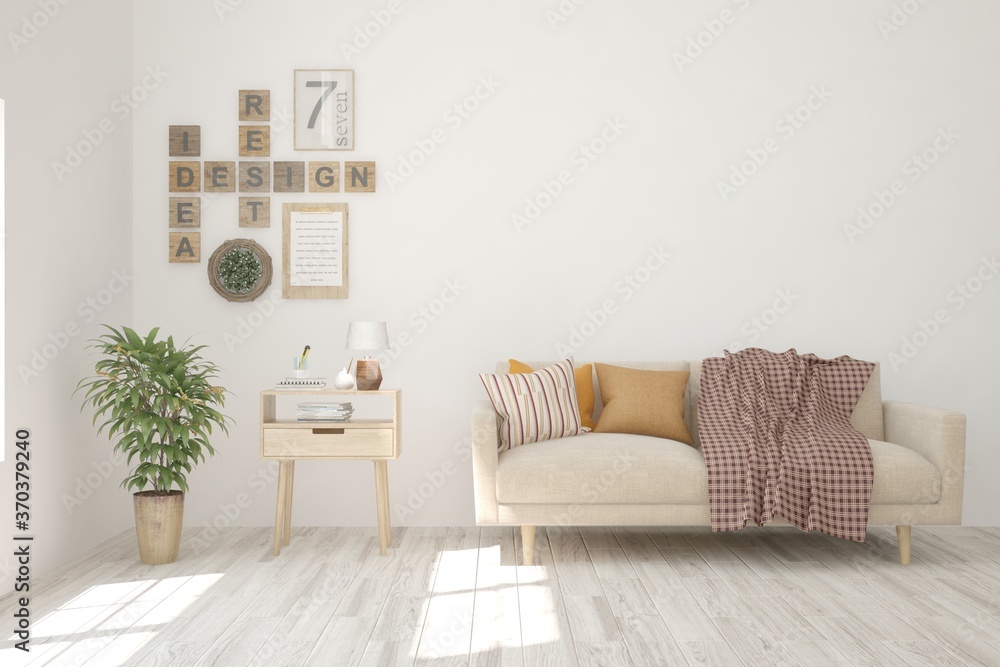 Naklejka premium White living room with sofa. Scandinavian interior design. 3D illustration