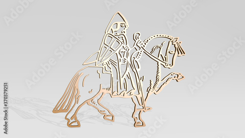 MEDIEVAL SOLDIER ON HORSE made by 3D illustration of a shiny metallic sculpture with the shadow on light background. architecture and ancient photo