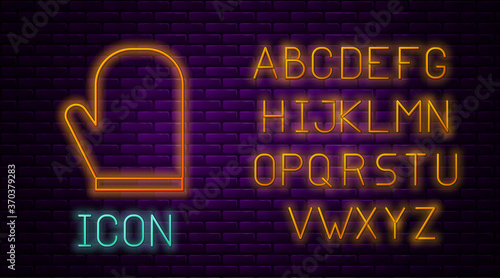 Glowing neon line Oven glove icon isolated on brick wall background. Kitchen potholder sign. Cooking glove. Neon light alphabet. Vector Illustration.