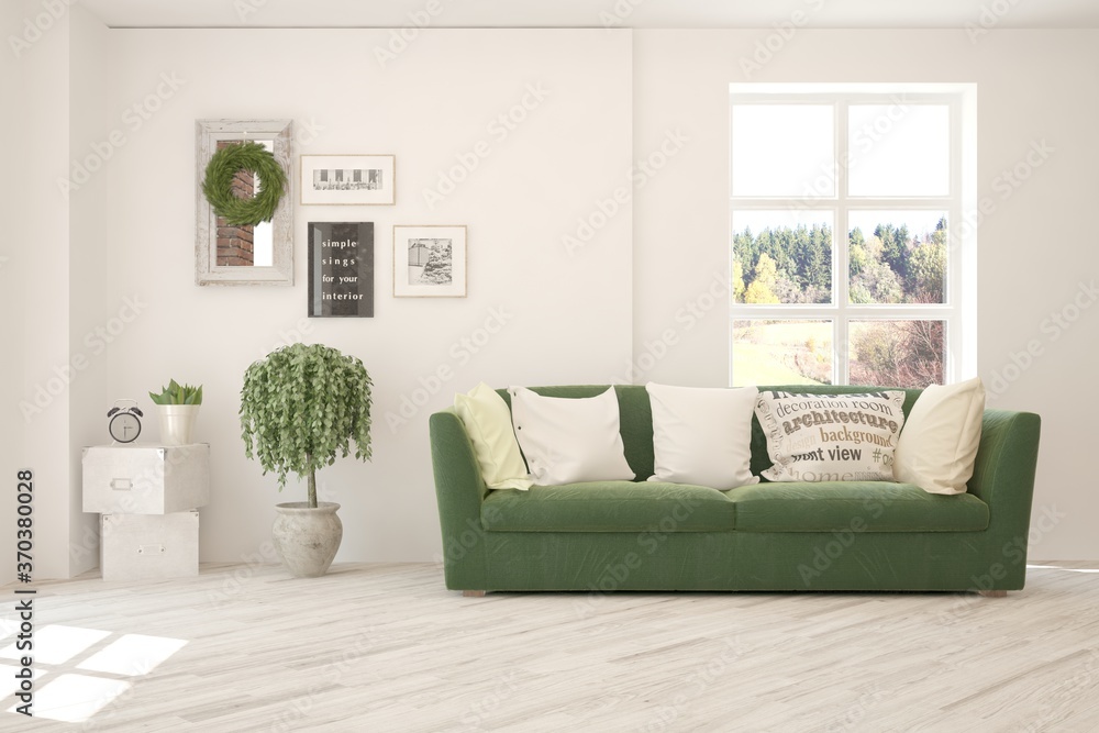 Fototapeta premium White living room with sofa. Scandinavian interior design. 3D illustration