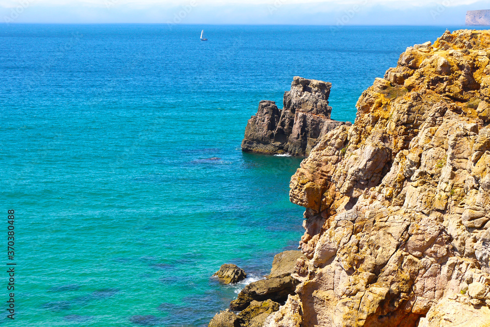 Landscape of coves in Conil de la Frontera, from top, with turquoise blue water, Cadiz, Andalucia, Spain