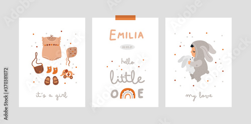 Baby shower print collection. Milestone cards set. It's a girl. Childish card or poster with little girl child, baby cloth and rainbow. Ideal for kids room decoration, clothing, prints, anniversary