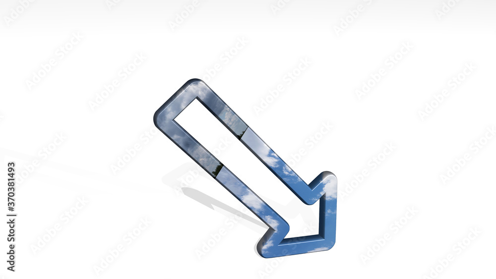 Fototapeta premium DIAGRAM ARROW DOWN RIGHT CORNER made by 3D illustration of a shiny metallic sculpture casting shadow on light background. business and chart