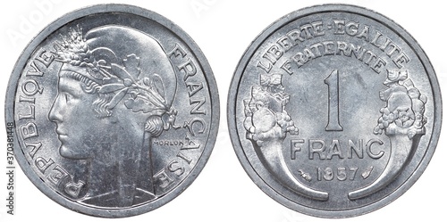 France French aluminum coin 1 one franc 1957, laureate head left, denomination and date flanked by two horns of plenty, photo