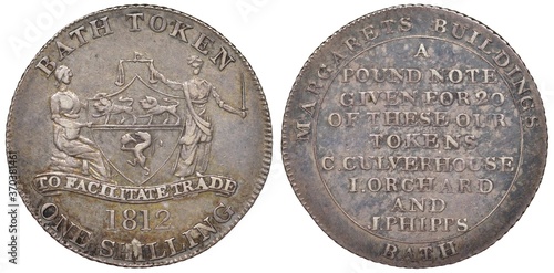 Great Britain British silver token 1 one shilling 1812, Conder Token (or 18th Century Provincial Token) issued by Orchard and Phipps, Town of Bath, shield with lions flanked by female figures, photo