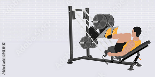 Leg muscle trainer - lifting weights - man doing exercise - gym - vector.