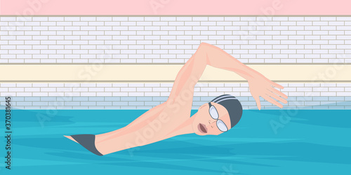 Man swims breaststroke - pool - vector. Water sport. Interior