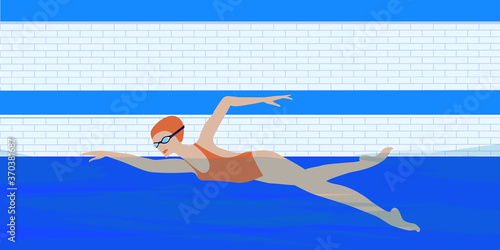 Swimmer woman in glasses in the pool - butterfly style - vector. Water sport. Interior