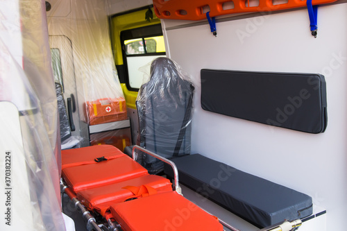 Coronavirus covid 19. The ambulance, equipped for the carriage of patients.