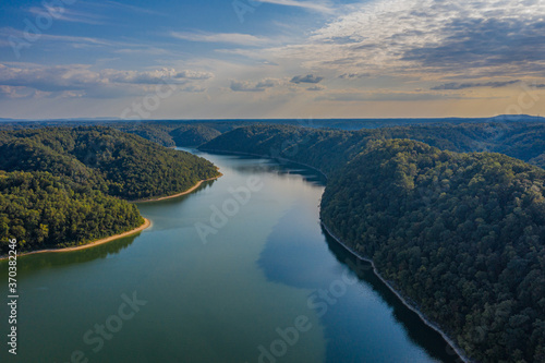 aerial view of mountains and lake